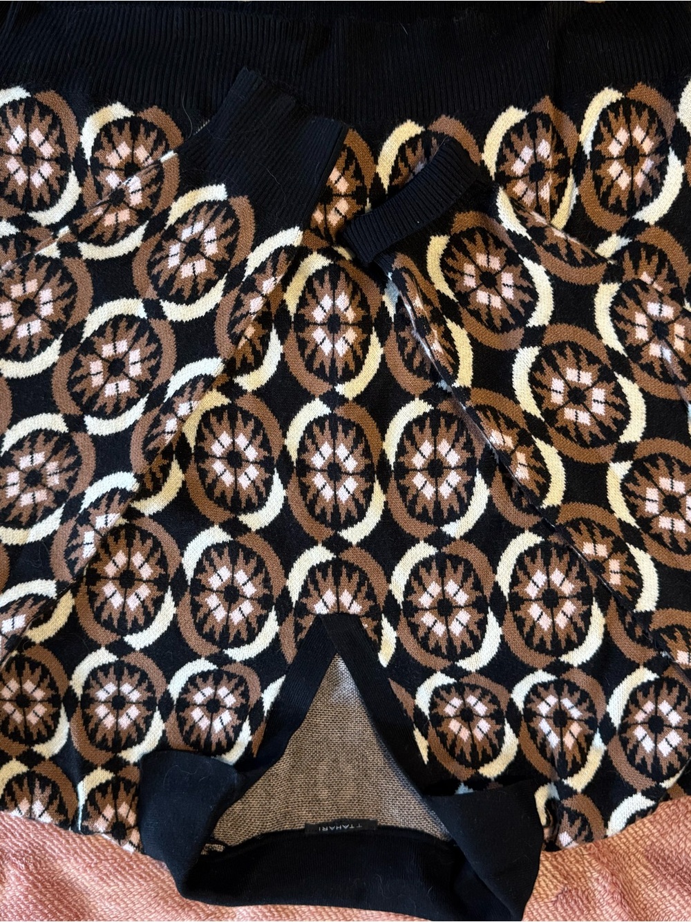 Tahari Black Sweater with Brown & Cream Medallion Pattern